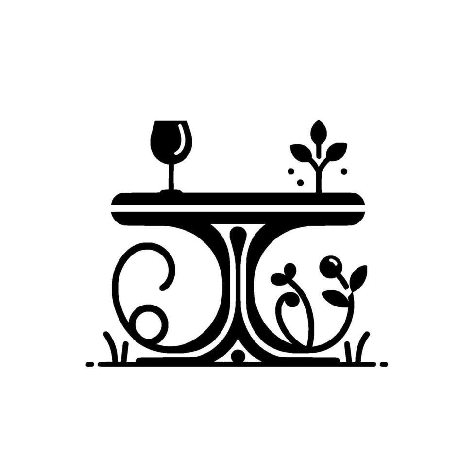 Elegant Black and White Illustration A Table with Wine Glass and Decorative Foliage on a White Background. vector