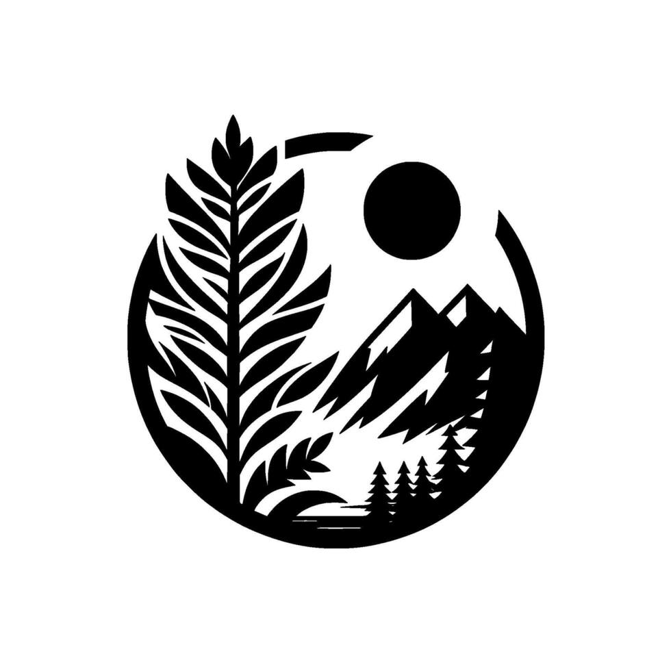 Black White YinYang Inspired Nature Scene Depicting Leafy Branch, Mountains, Trees, Sun, and Water. vector