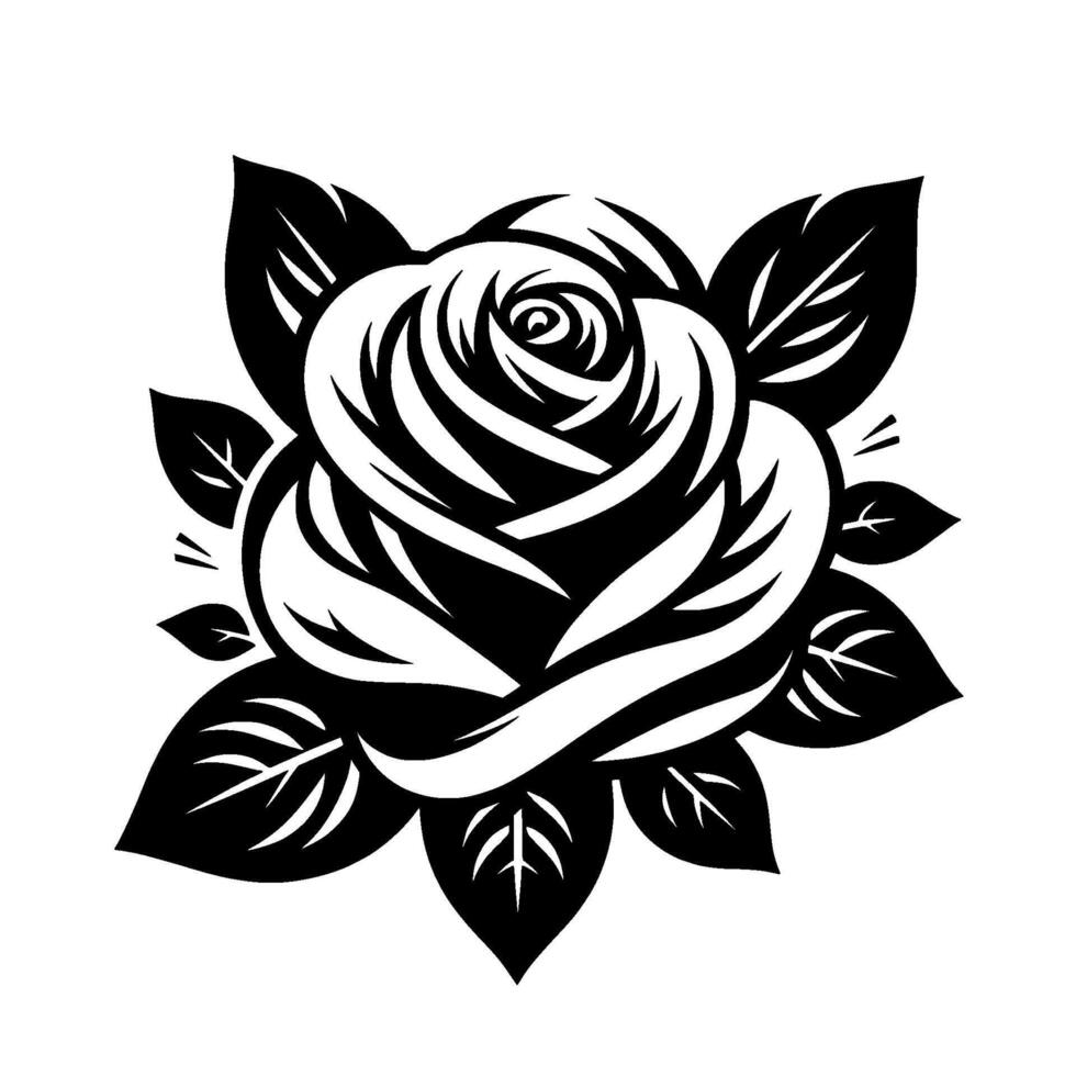 A striking monochrome floral illustration of a rose with intricately detailed petals and leaves, set against a clean white background. vector