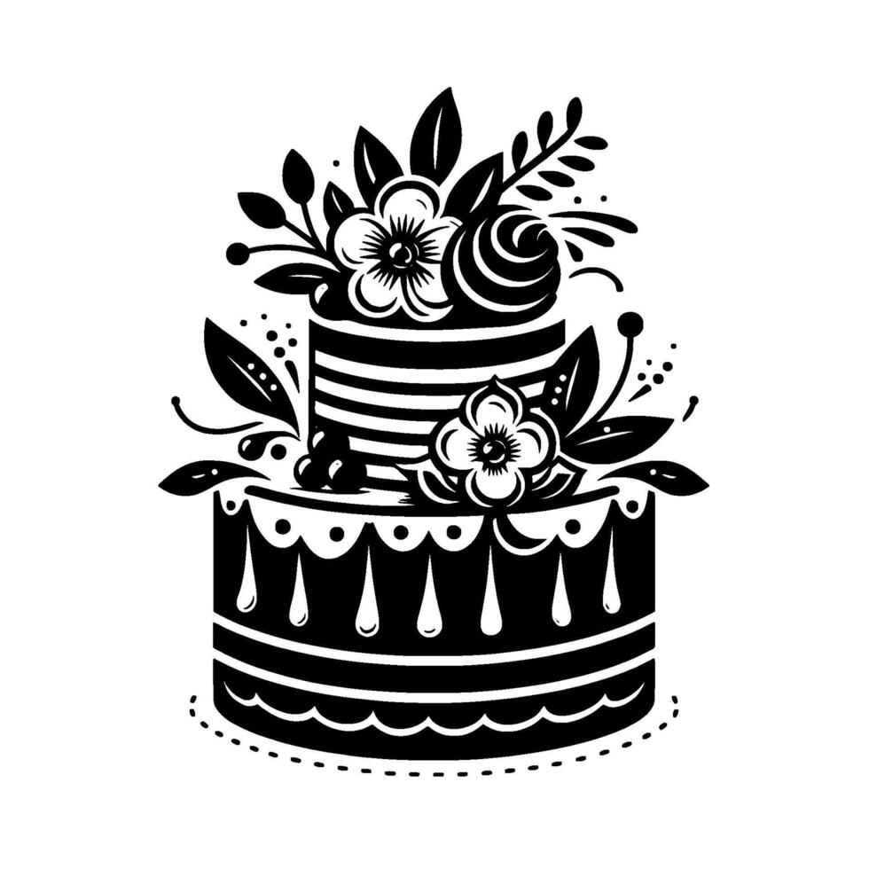 Elegant TwoTiered Cake Silhouette Decorated with Flowers, Leaves, and Berries in a Classic Black and White Design. vector