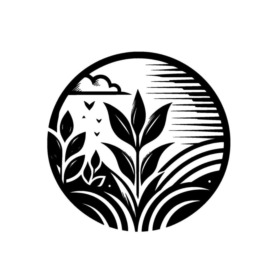 Black and White Circular Depicting a Minimalist, Organic Landscape with Plants, Birds, Cloud, and Fields. vector