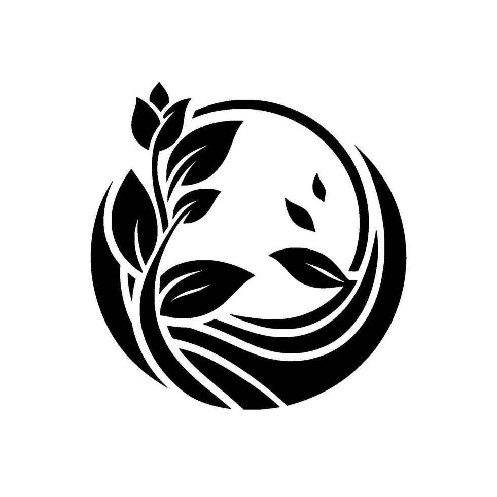 Elegant, minimalist black and white floral emblem featuring a stylized plant, leaves, and delicate flourishes within a circular frame. vector