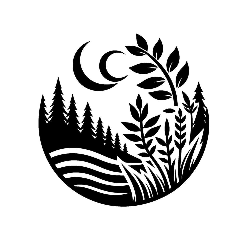 Stylized Black and White Landscape Silhouette Crescent Moon Above Forest, Fields, and Flora, Enclosed in Circular Frame. vector