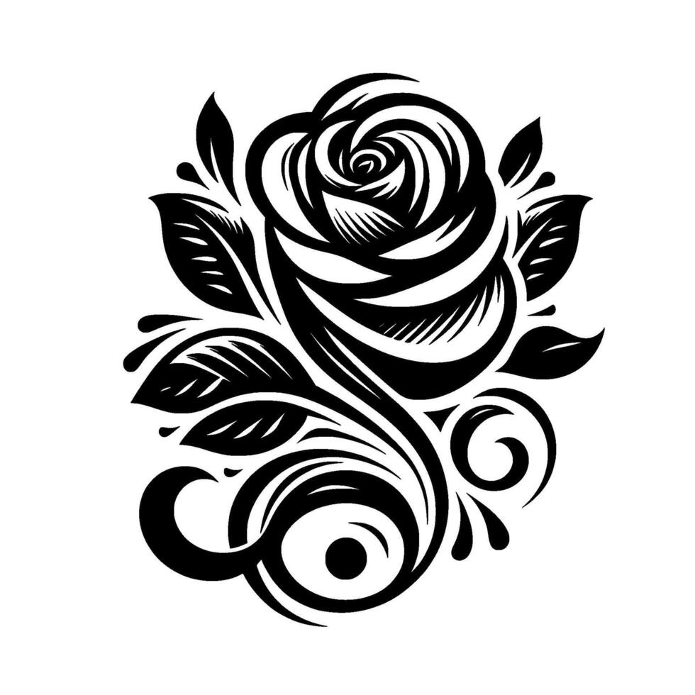 Intricate Black and White Floral with Rose, Leaves, and Elegant Swirls on a Clean White Background. vector