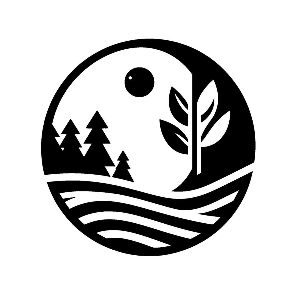Minimalist Black and White Circle Logo Forest, Tree, Sun, and Water Elements Representing Natures Harmony. vector