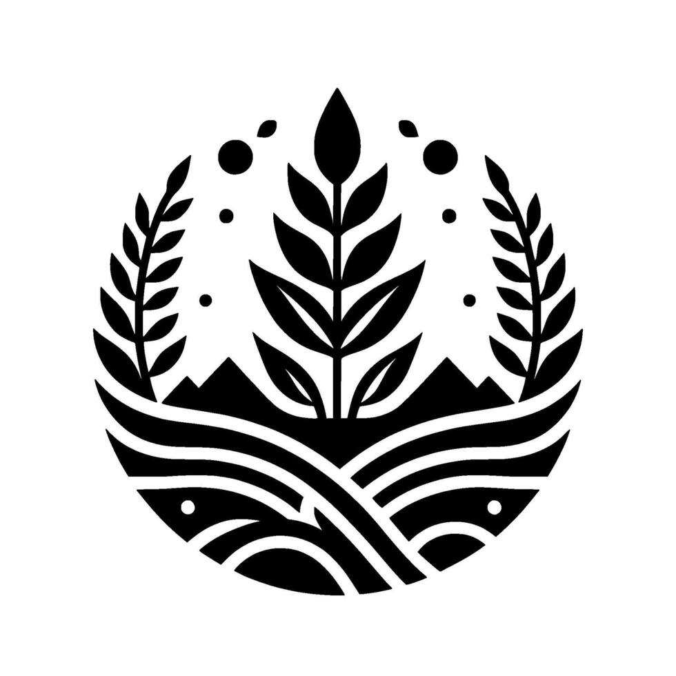 Stylized Black and White Circular Depicting a Landscape with Mountains, Wheat Stalks, Plants, and Geometric Water Elements. vector