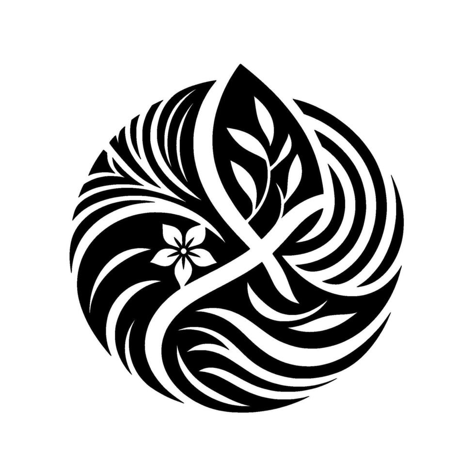 Symbolic Black and White Mandala Floral and Leaf Motif, Stylized Composition Representing Harmony and Balance on White Background. vector