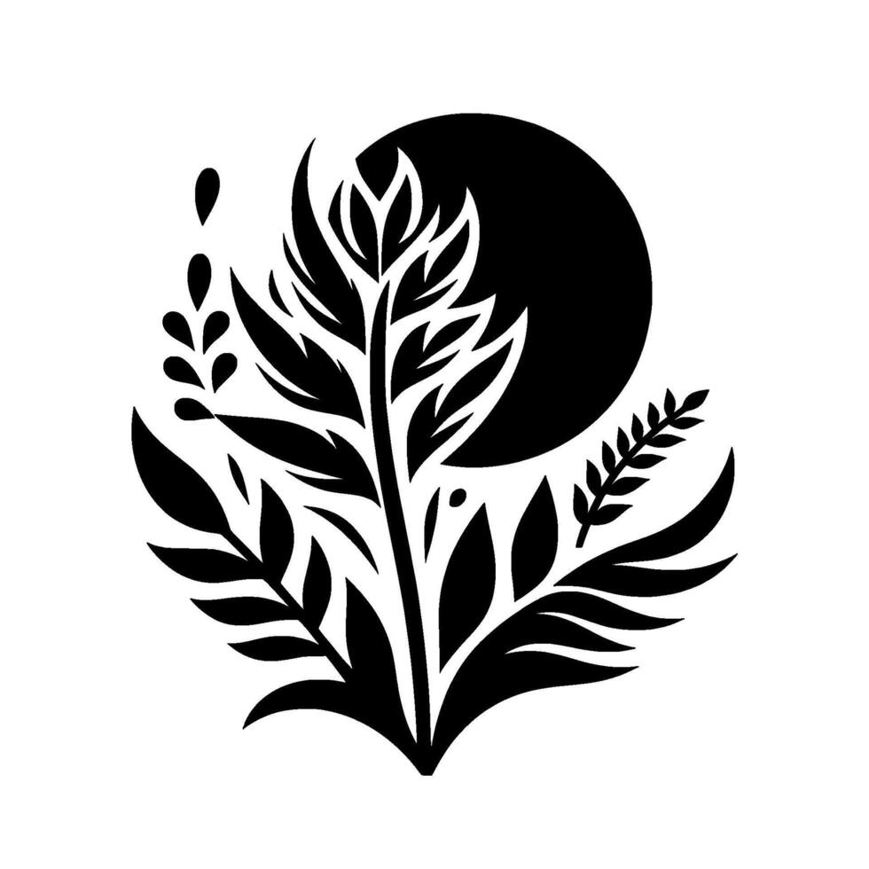 Black and White Floral Silhouette with a Central Branch, Foliage Elements, and a Full Moon Motif. vector