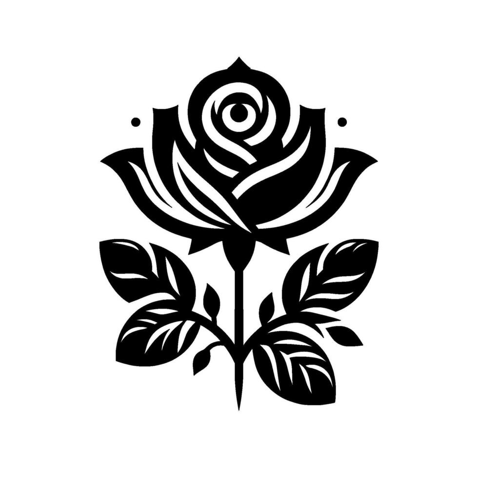 Elegant, minimalist black and white illustration of a blooming rose with detailed petals, leaves, and stem, isolated on a stark white background. vector