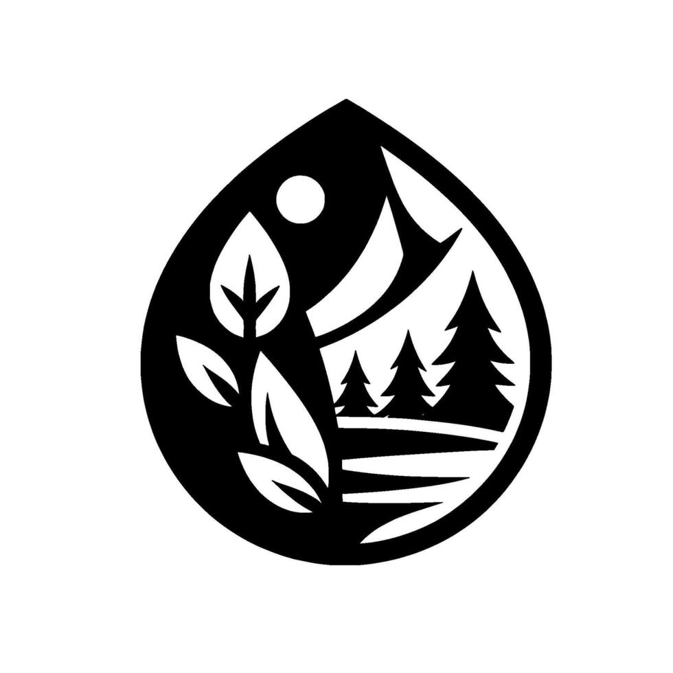 Black and White Emblem Stylized teardropshaped depicting leaves, mountains, trees, and a sun, symbolizing nature and the outdoors. vector