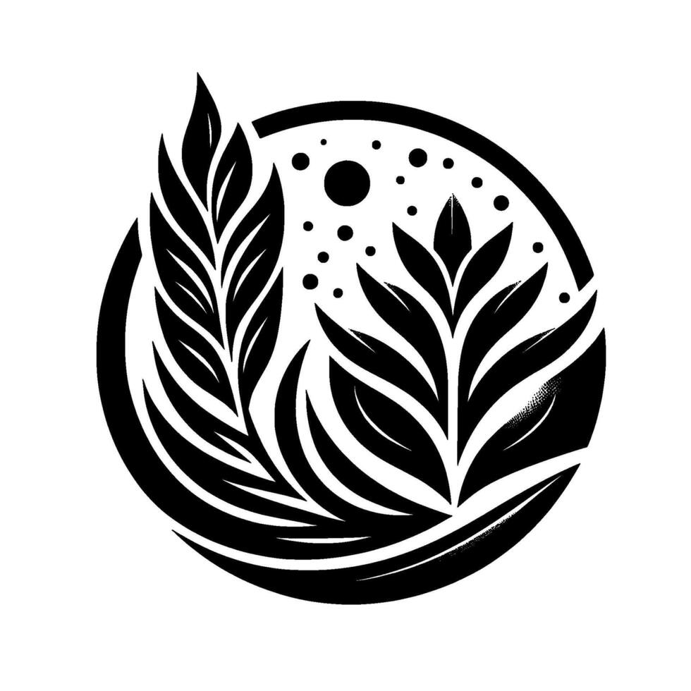 Stylized Floral Emblem in Monochrome Leafy Elements Within a Circle, Featuring Dots and a Celestial Dot as Compositional Design. vector