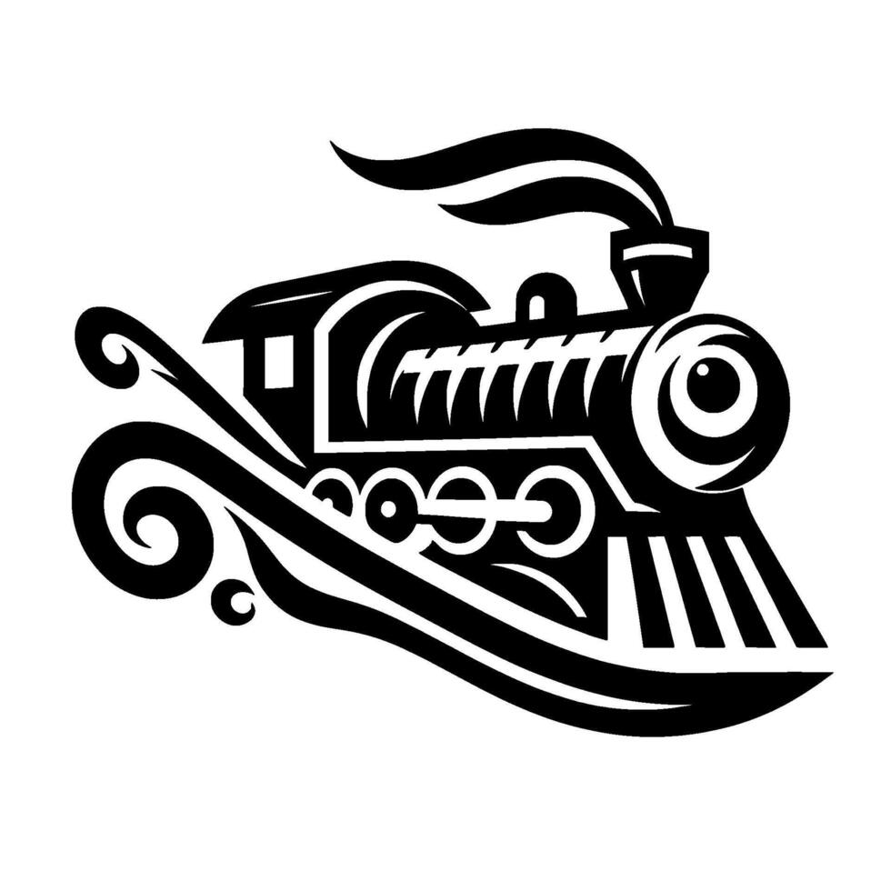 Stylized Black and White Illustration of a Vintage Locomotive with Artistic Flourishes, Smoke, and a Decorative Element. vector