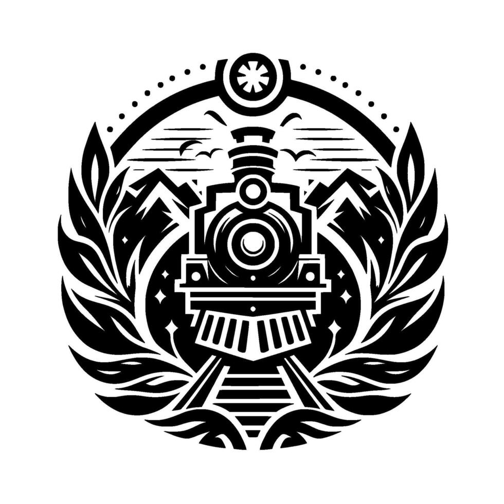 A stylized black and white circular emblem depicting a locomotive, mountains, foliage, and celestial elements, creating a nostalgic, travelthemed design. vector