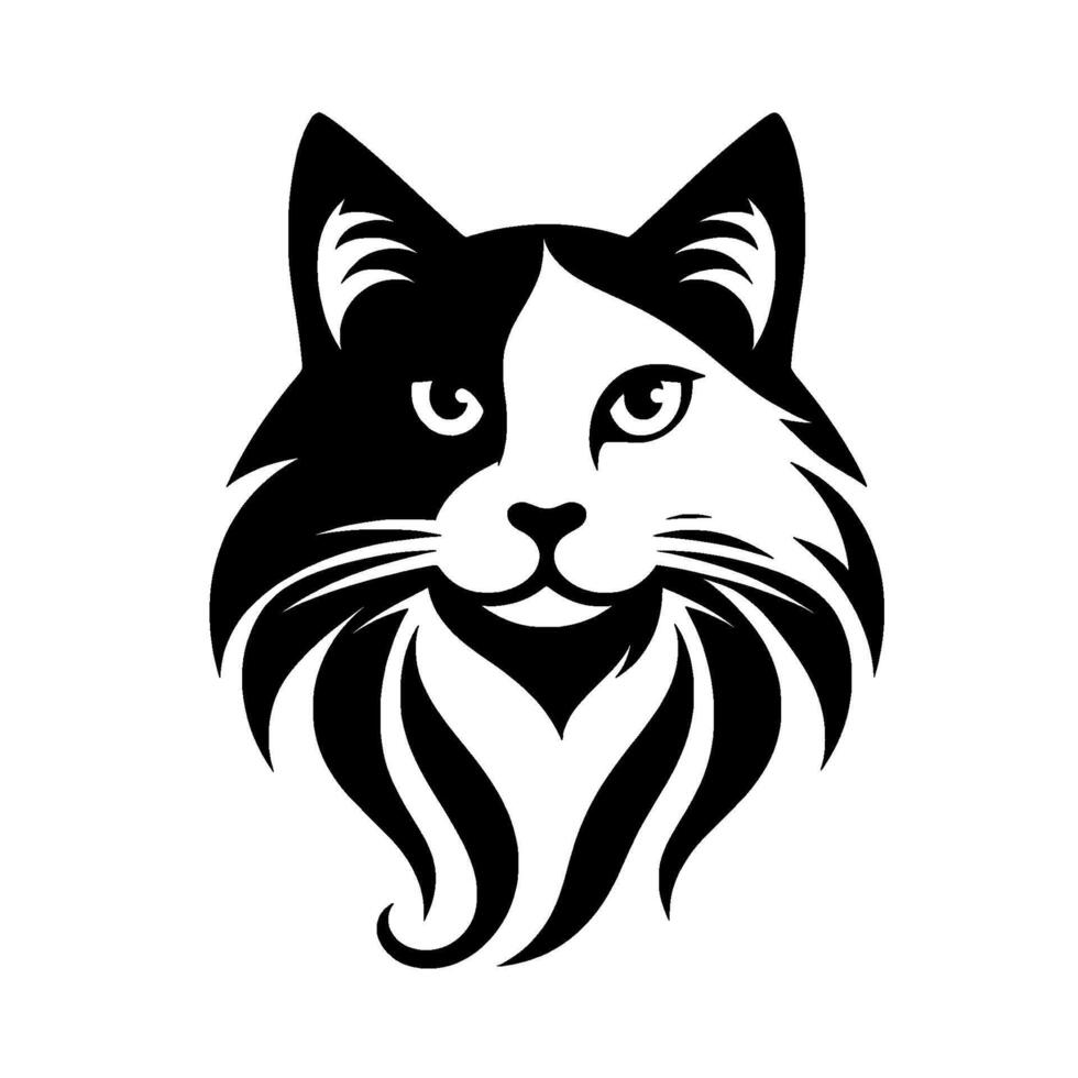 Symmetrical Black and White Cat with Stylish Mane and Intense Gaze, on Clean White Background. vector
