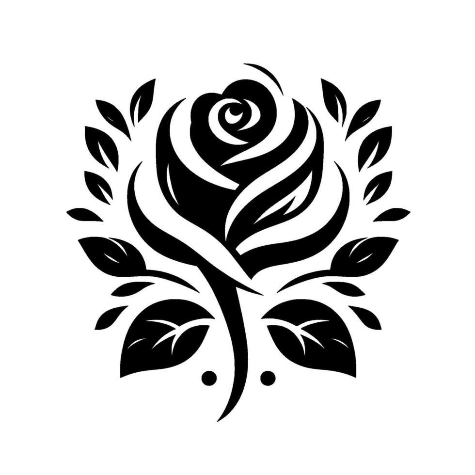 Bold Black and White Floral Illustration A stylized rose with surrounding leaves, set against a stark white background, emphasizing simplicity. vector
