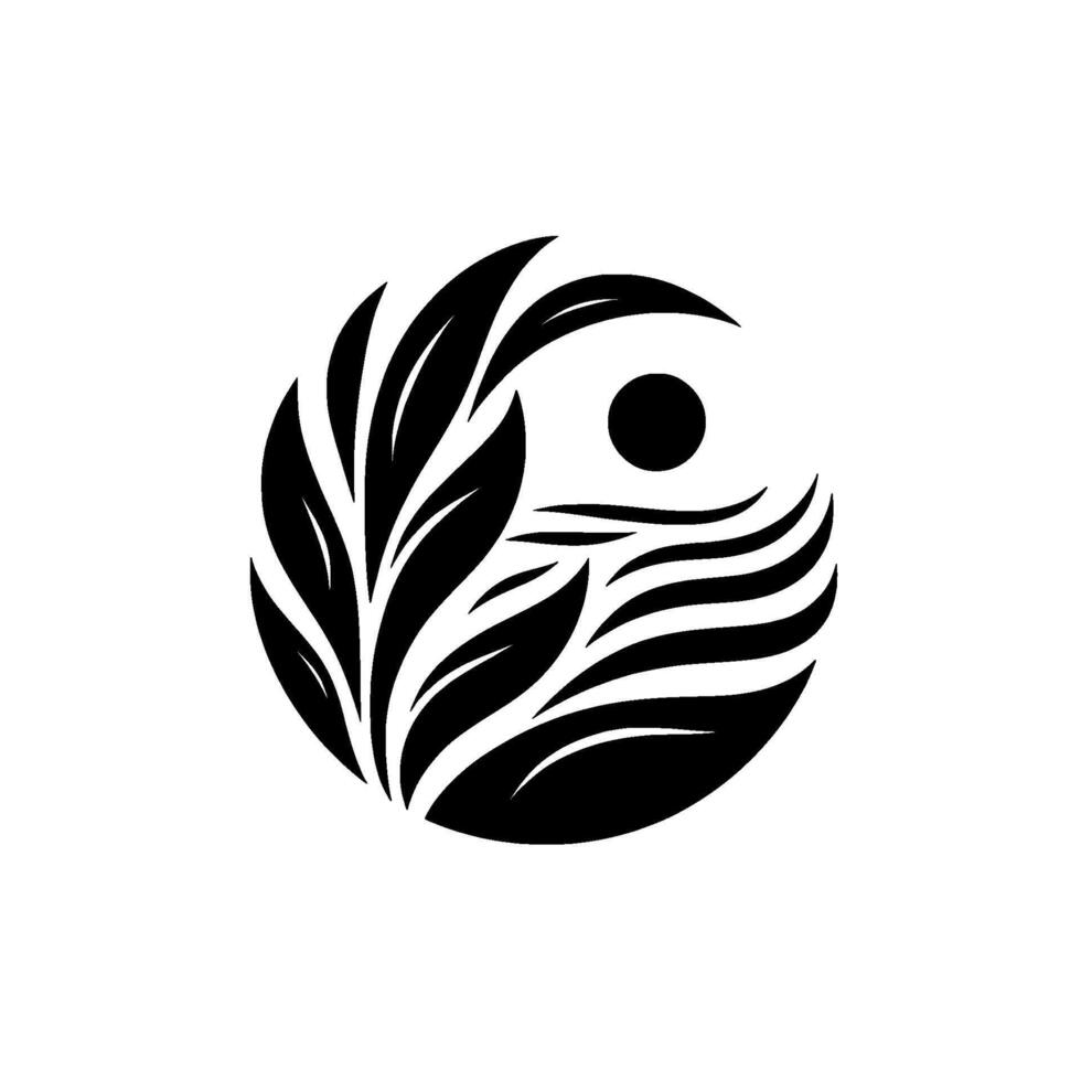 Abstract Black and White Circular Illustration Leaves, Sun, and Water, Evoking Serenity and Balance. vector