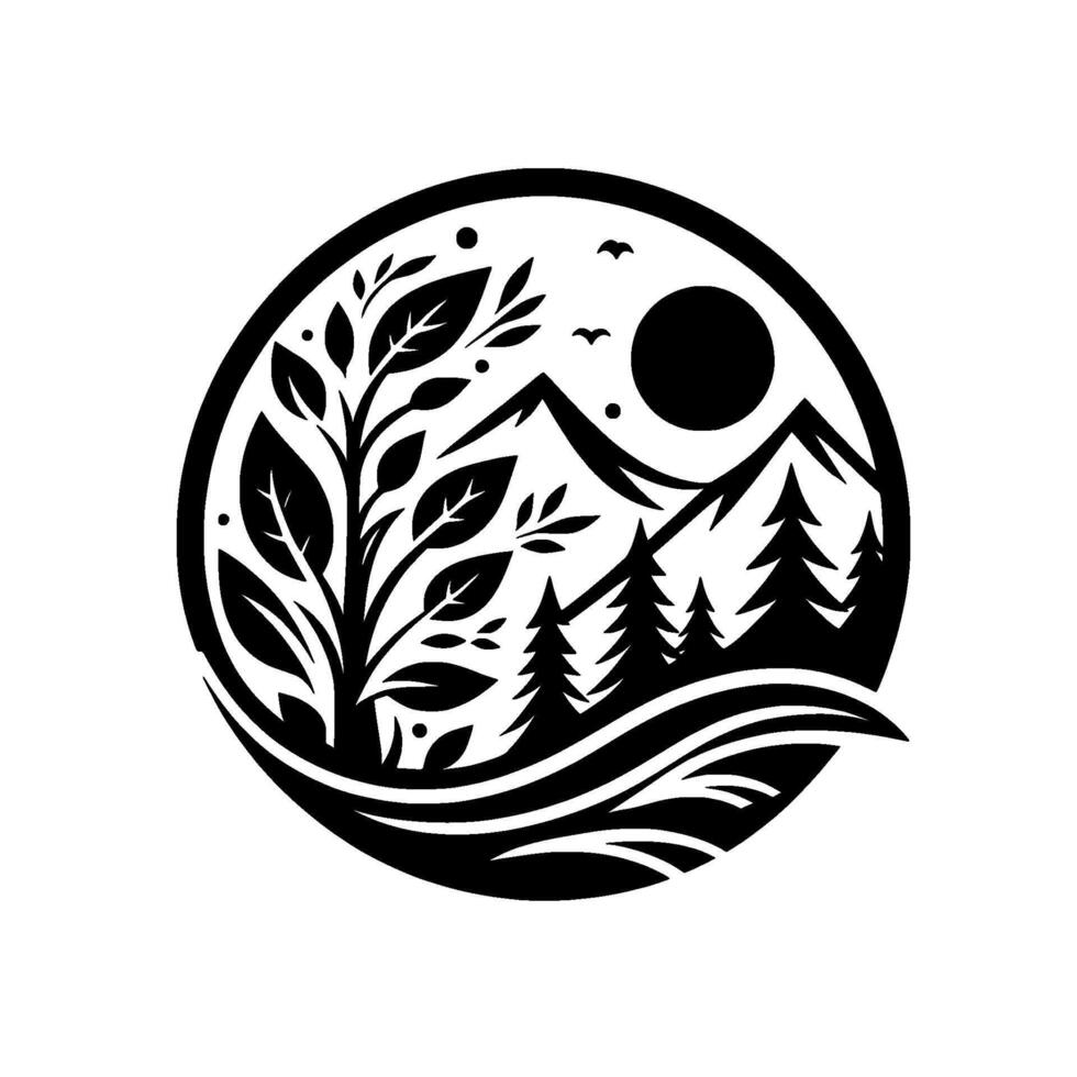 Serene Black and White Circular Illustration Trees, Mountains, Sun, and Birds Depicting a Natural, Peaceful Scene. vector