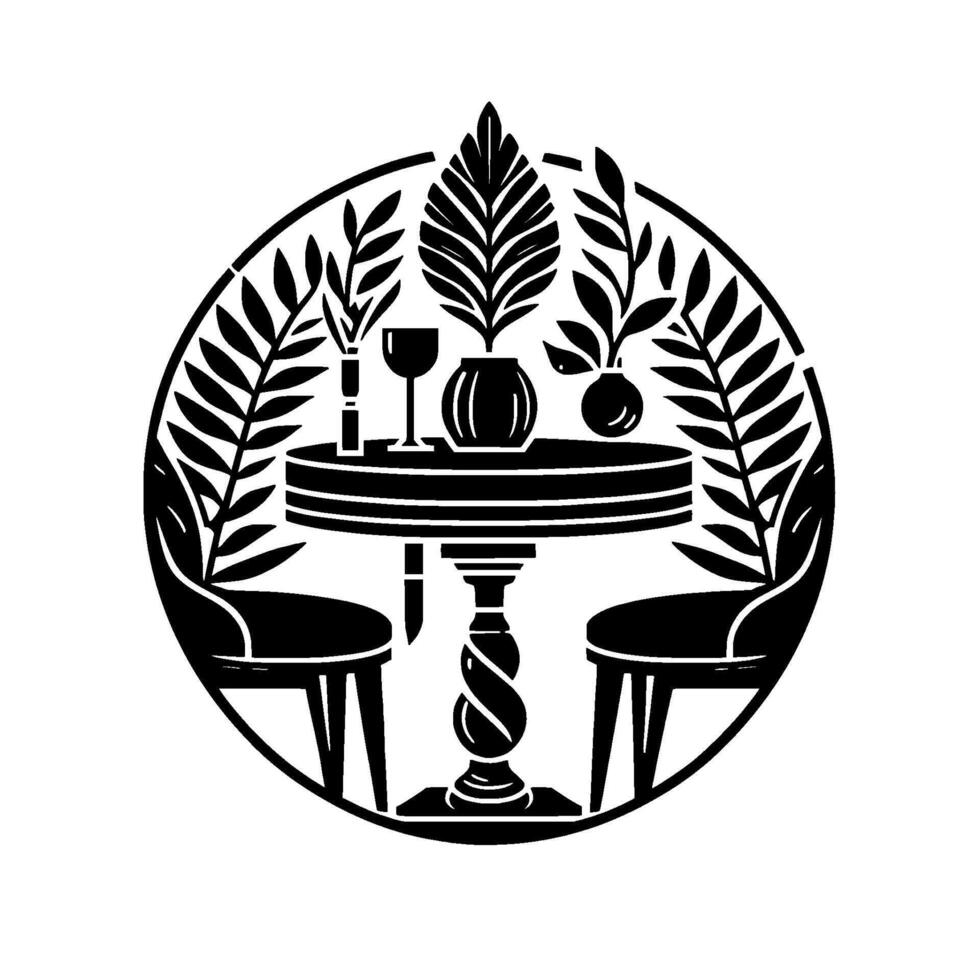 Black White Circular Illustration Dining table with plant decor, chairs, wine glass, enclosed by leafy borders, minimalist, elegant, artistic. vector