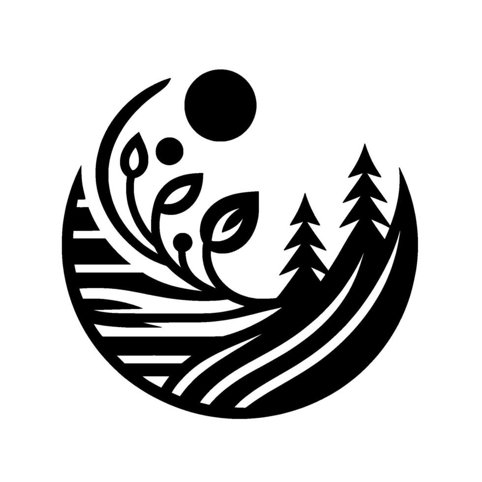 Minimalist Black and White Nature Scene, Circle Composition with Trees, Leaves, and Sun. vector