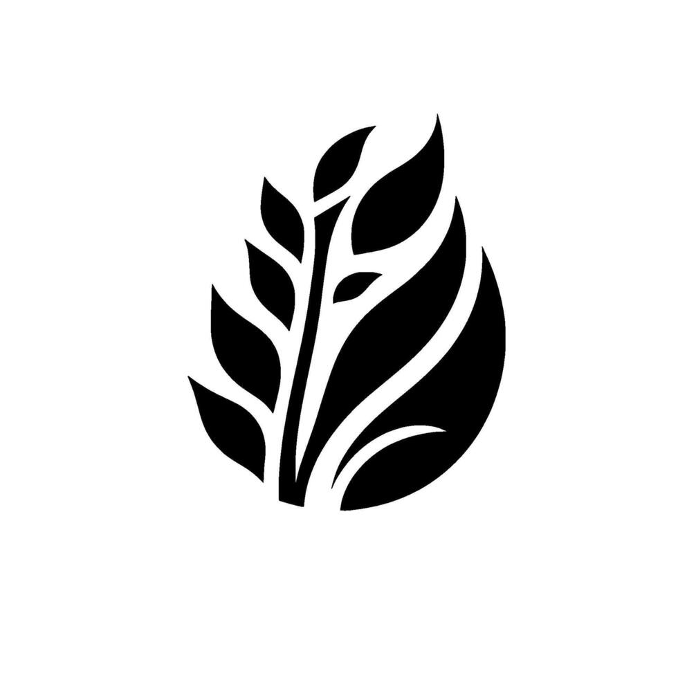A stylized black and white illustration of a leaflike shape composed of multiple leaves arranged around a central stem, presented on a white background. vector