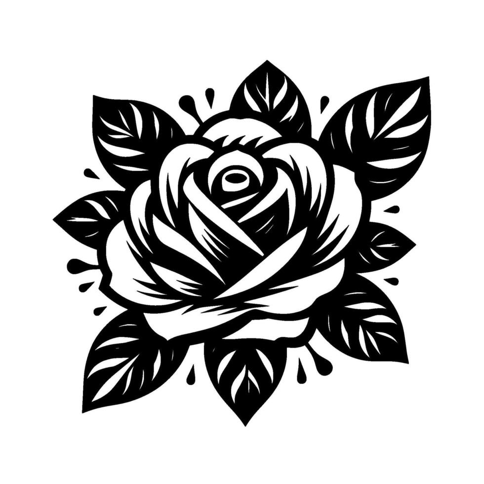 A Bold Black and White Illustration of a Classic Rose, Surrounded by Leaves and Decorative Accents on a White Background. vector