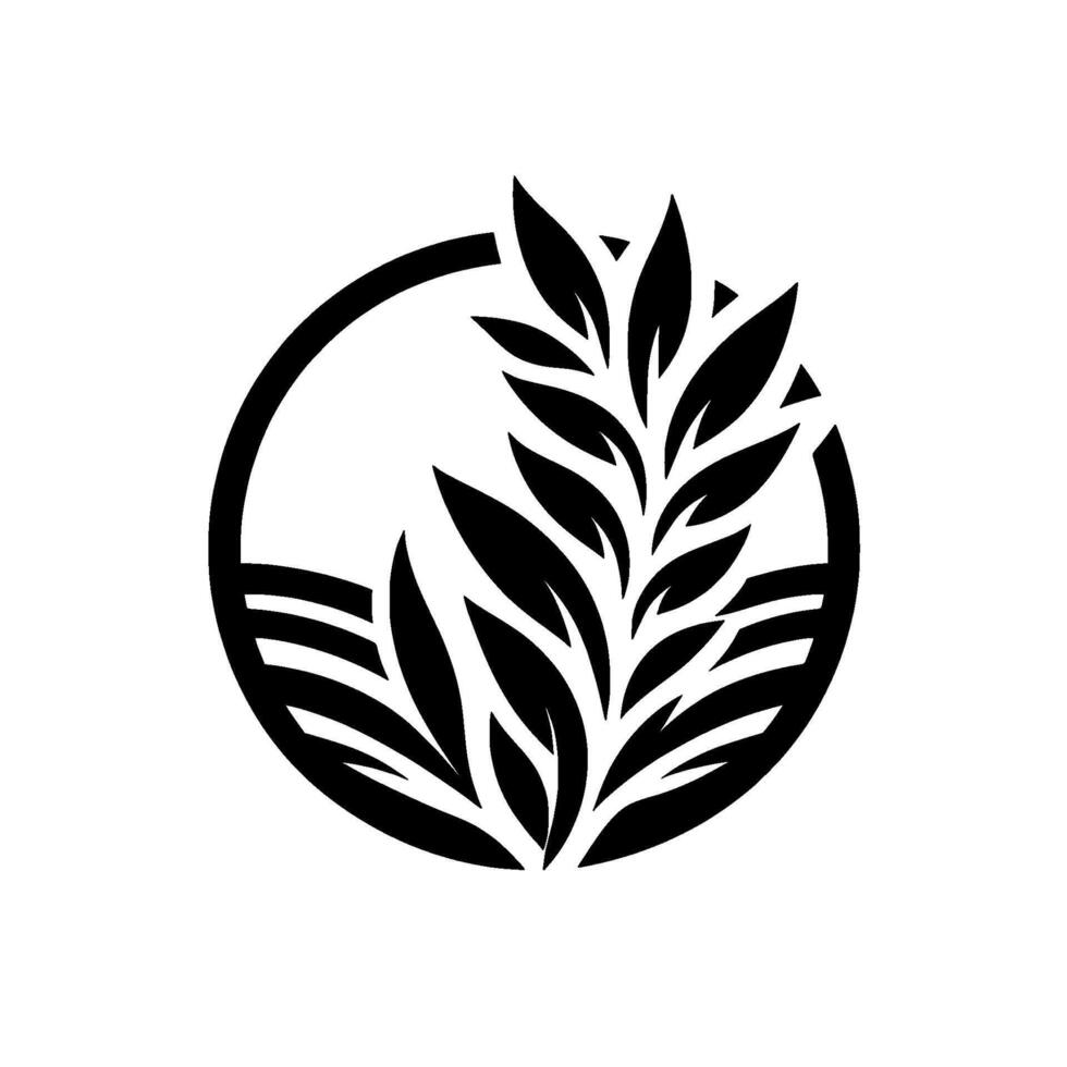 Stylized Black White Wheat Emblem Featuring a Circle, Leafy Stalk, Horizontal Lines Suggesting a Landscape. vector