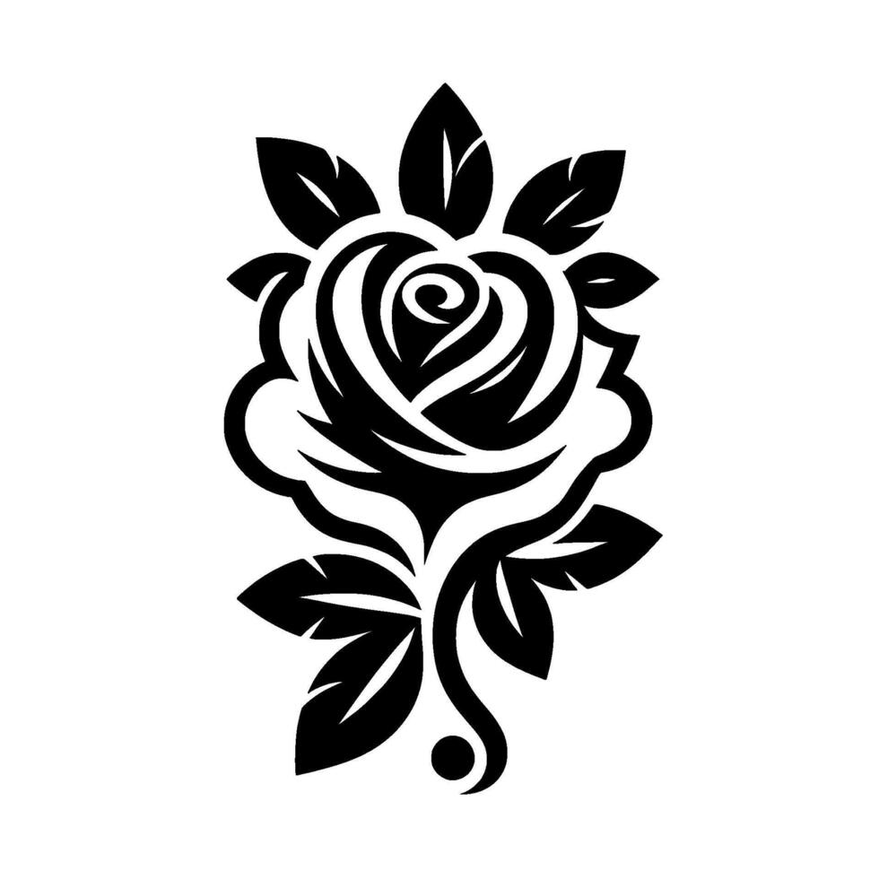 Bold Black and White Rose Illustration Stylized Floral with Petals and Leaves on a Clean, Isolated Background. vector
