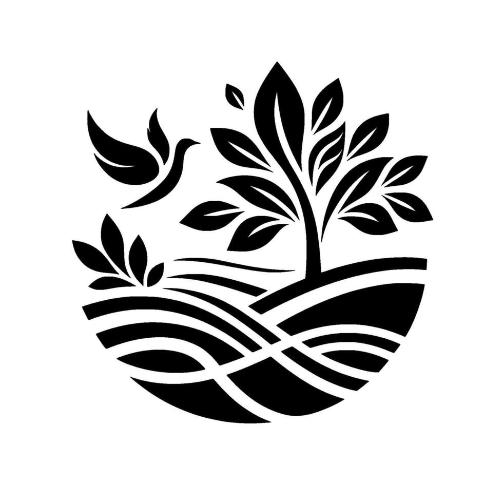 Stylized, monochrome depicting a bird in flight with tree and landscape elements, symbolizing nature and tranquility, contained within a circle. vector