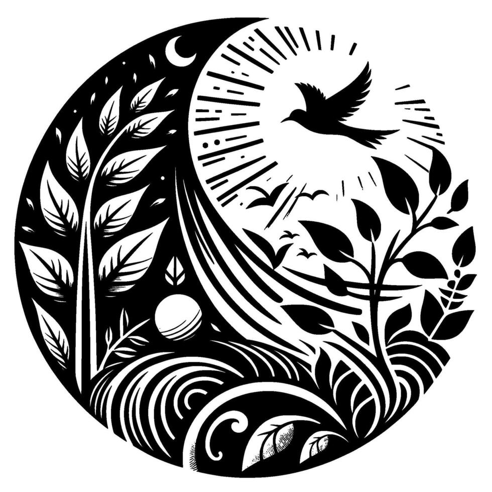 A stylized black and white circular illustration of a bird in flight over plants with a moon and sun, evoking peace and natural harmony. vector