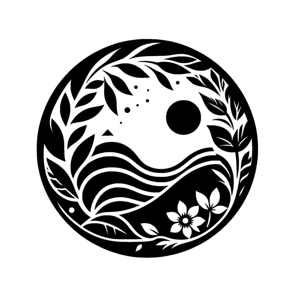 Yin Yang design black and white circular artwork with mountain, sun, plants, and floral elements illustrating natures harmony. vector