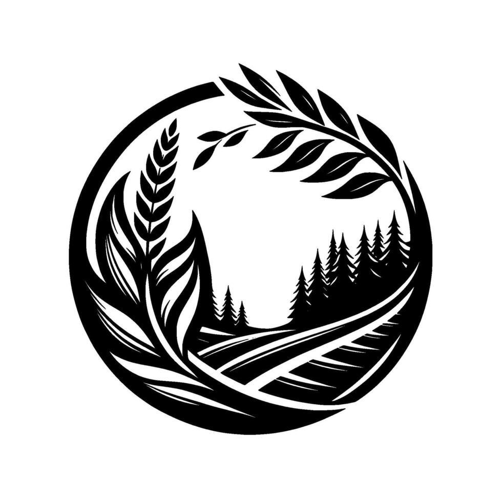 A Monochrome, Circular Composition Featuring Fields, Forests, and Botanical Elements. vector