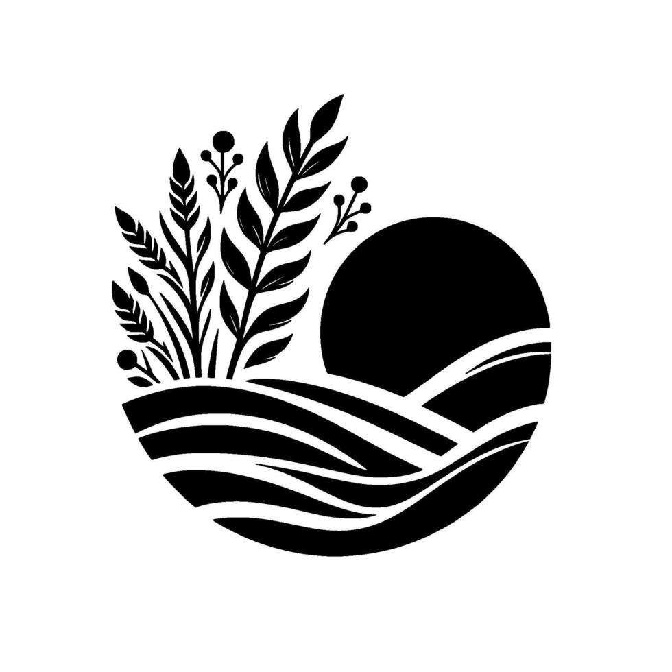 Elegant minimalist monochrome landscape scene, featuring a sun, fields, and stylized flora, all contained within a circular design. vector
