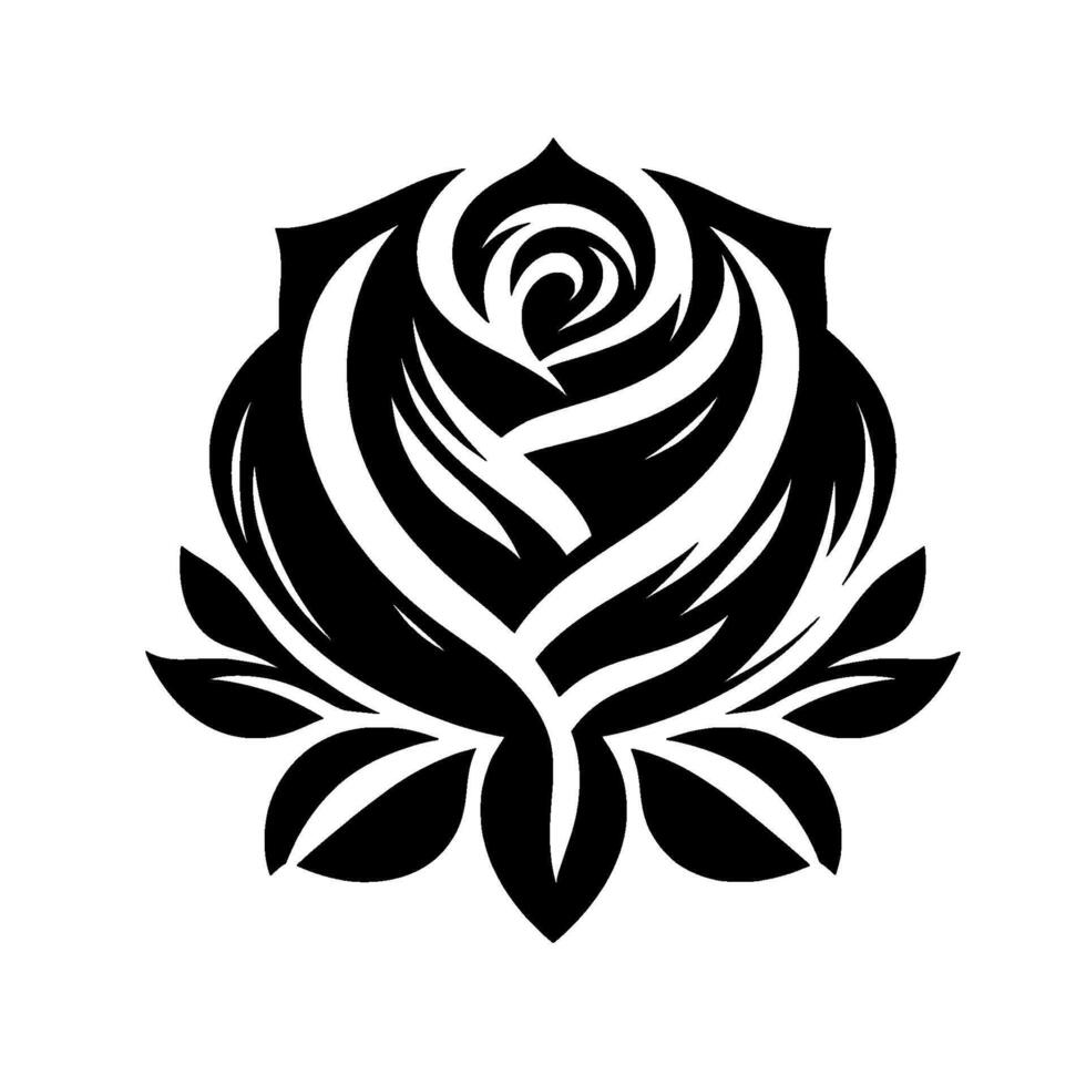 Intricate Black and White Rose Illustration Featuring Detailed Petals and Leaf Arrangement on a Clean White Background. vector