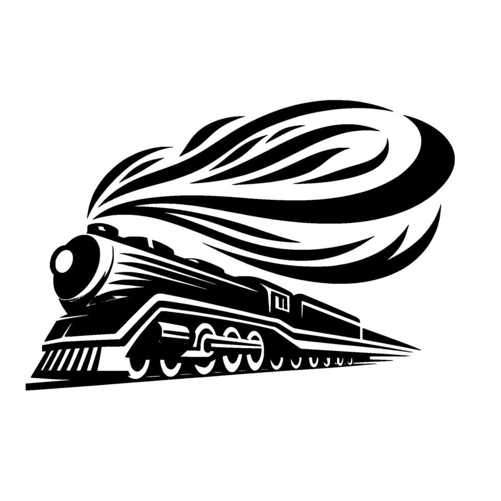 Stylized Black and White Illustration of a Classic Locomotive with Bold Smoke Plume, Isolated. vector