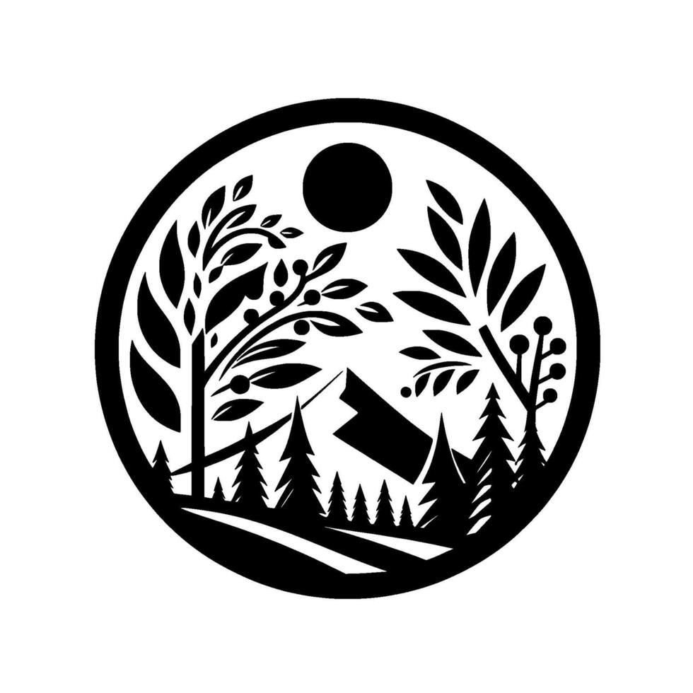 Circular Black and White Illustration Depicting a Mountainous Landscape with Trees, Forest, Berries, and a Sun. vector
