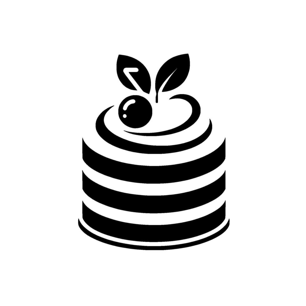 Stylized Black and White Cake with Cherry and Leaves on top, Circular with striped layers in a minimal and modern on white background vector