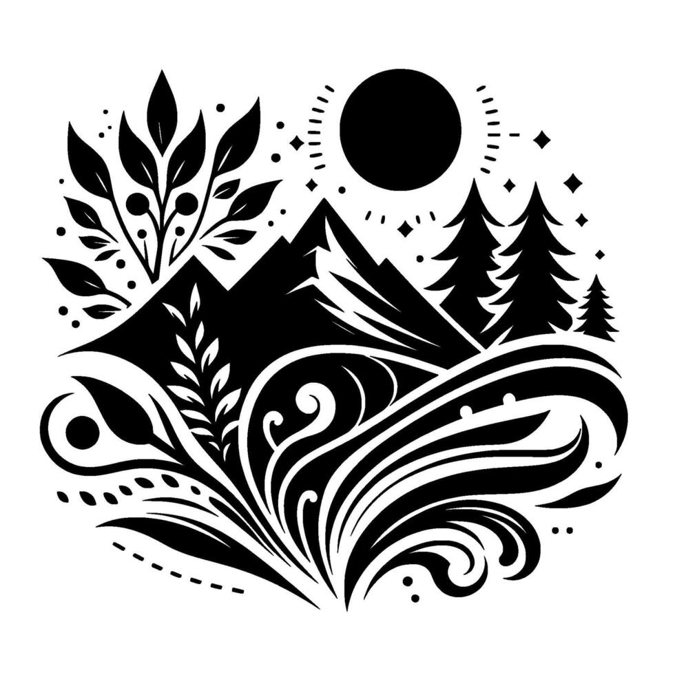 Black and White Nature Scene Mountains, Sun, Trees, and Decorative Foliage in a Symmetrical Composition. vector