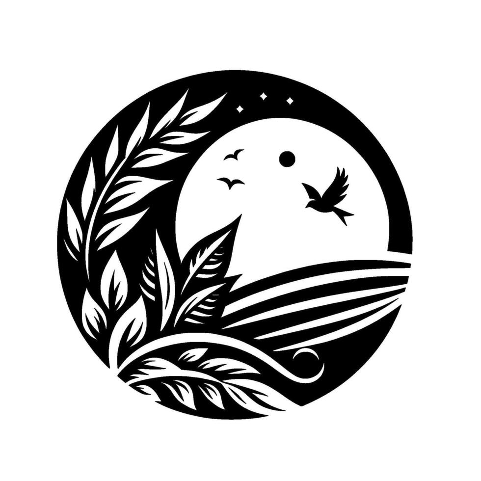 Black and white minimalist circular landscape illustration with stylized plants, moon, birds, and stars, evoking peace and natural beauty. vector