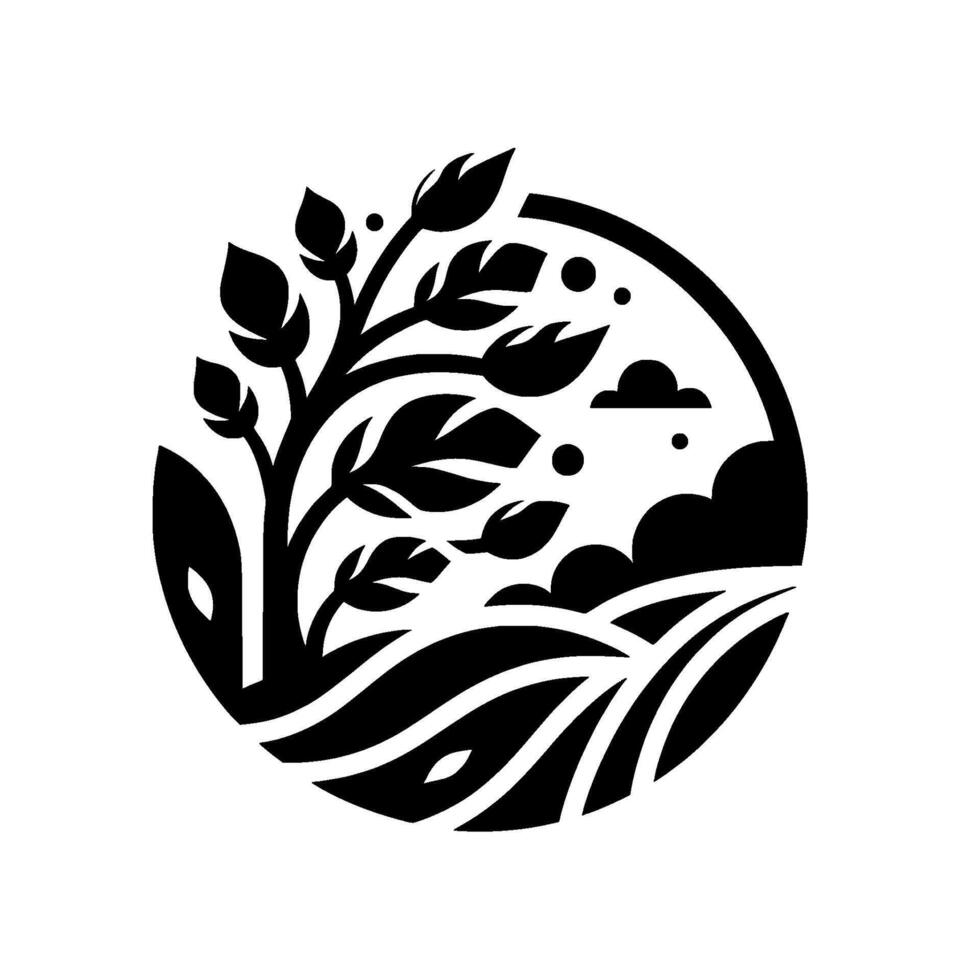 Black and white circular with a stylized tree, rolling hills, clouds, and dots, conveying natures beauty. vector