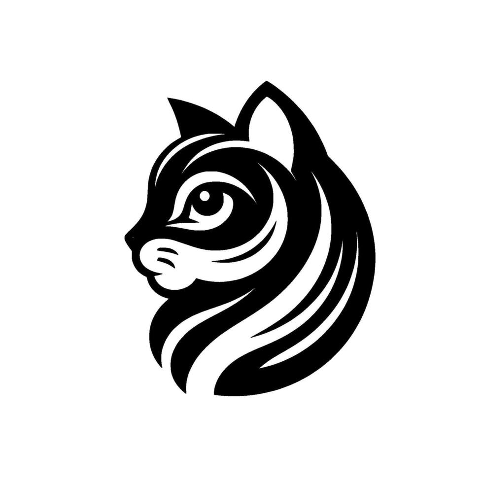 Sleek, feline head in profile, rendered in bold black and white, with detailed fur patterns and sharp ears. vector