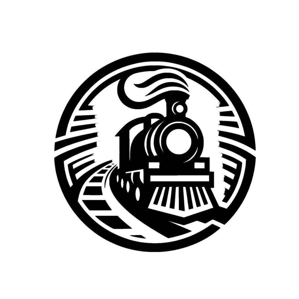 A Bold, Black and White Roundel Featuring a Classic Steam Train Moving Along a Track, Surrounded by Radial Lines and Geometrical Shapes. vector