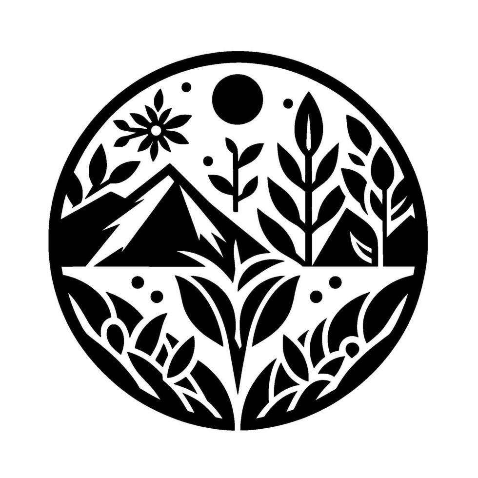 Black and White Circular Nature Scene Mountains, Flora, Sun, and Geometric Design. vector