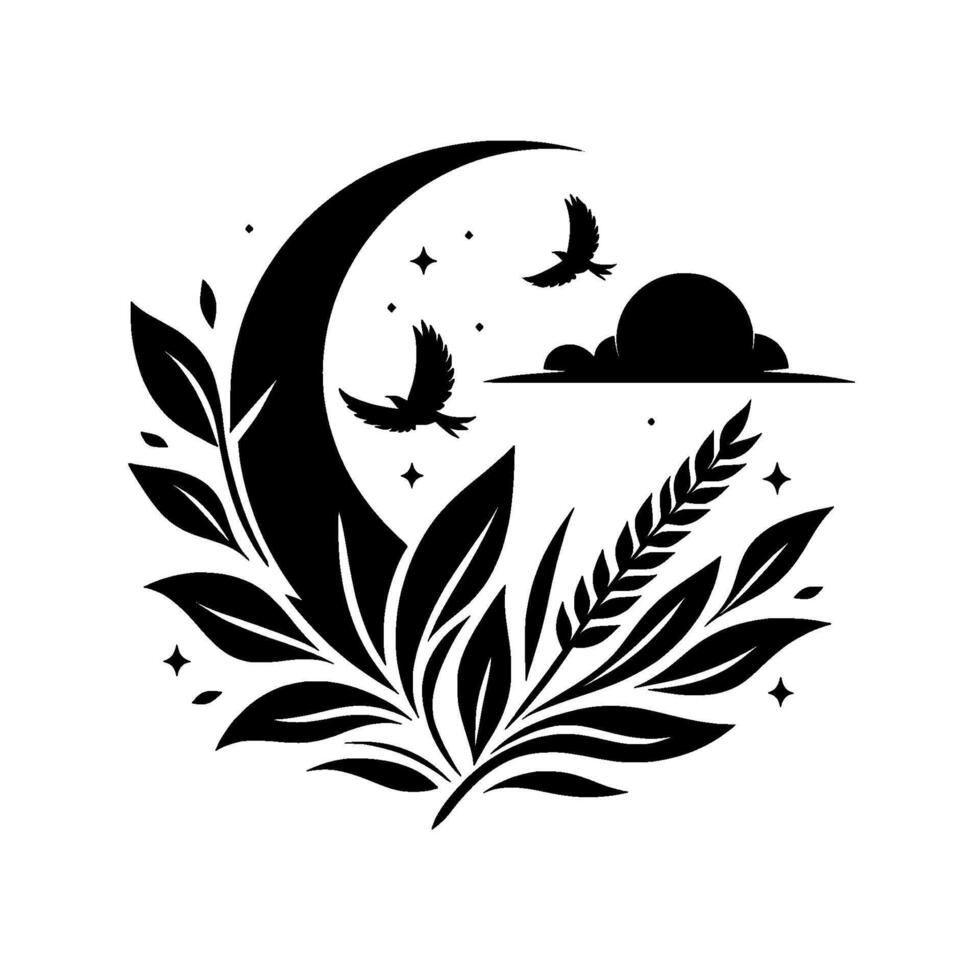 Serene Black and White Illustration Crescent Moon, Birds, Flora, and Cloud Design, Peaceful, NatureInspired Emblem vector
