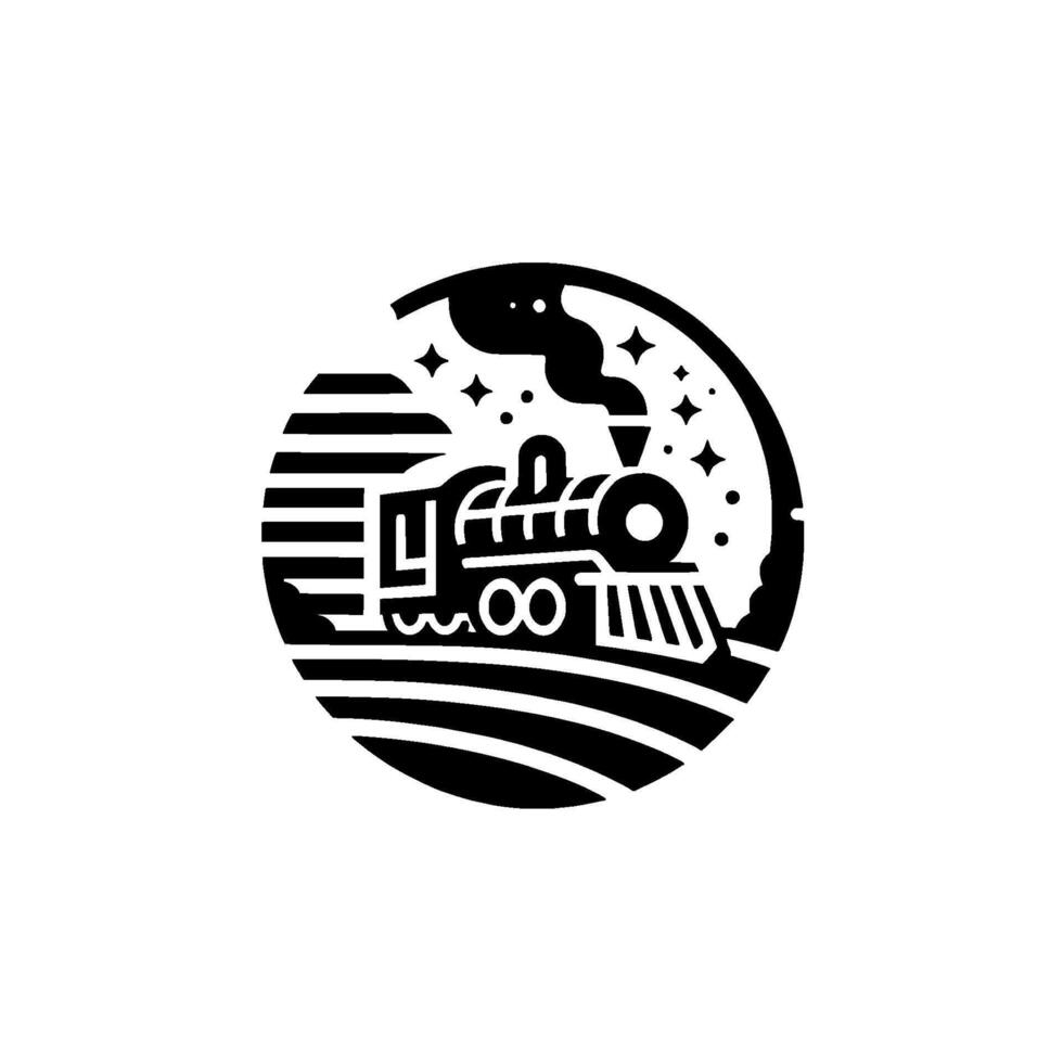 A black and white minimalist illustration of a vintage train steaming through a starry night landscape, enclosed within a circular frame. vector