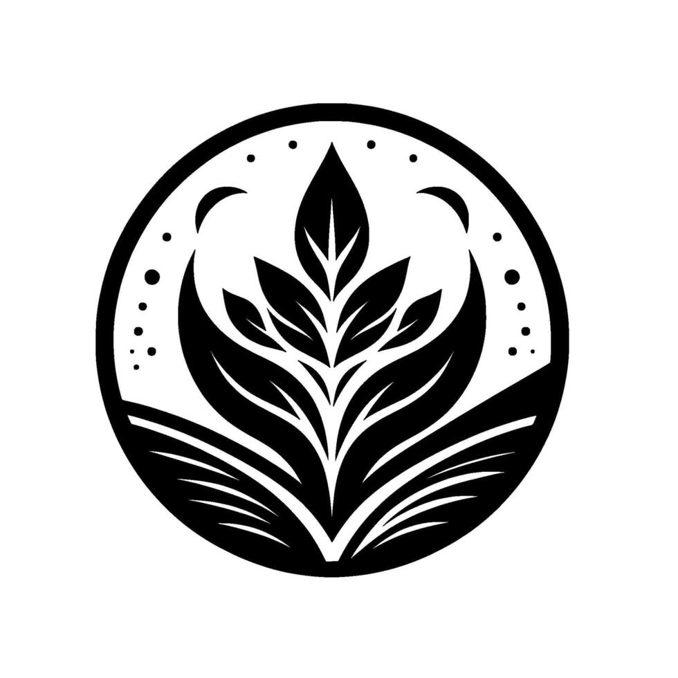 Circular Black and White Floral Emblem with Leaves, Crescents, and Dots Minimalist and Symbolic Botanical Design. vector