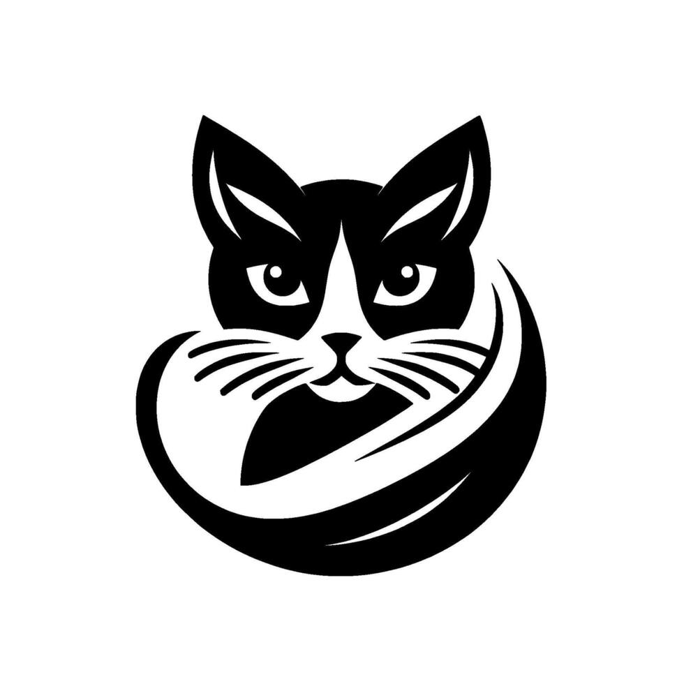 A striking, minimalist black and white cat logo, showcasing a friendly feline with expressive eyes and flowing curves. vector