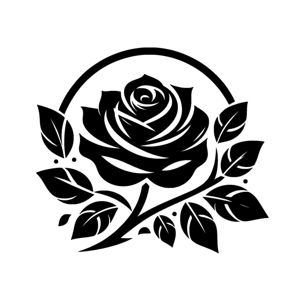 Elegant Black Rose Floral Emblem A Stylized Silhouette with Arch, Leaves, and Detailed Petals, Perfect for Design. vector