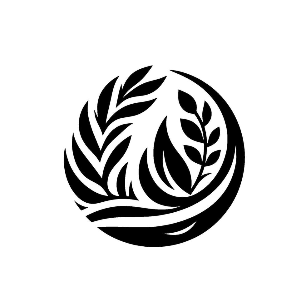 Artistic Black and White Circular Emblem Depicting Serene Foliage with Delicate Leafy Sprigs. vector