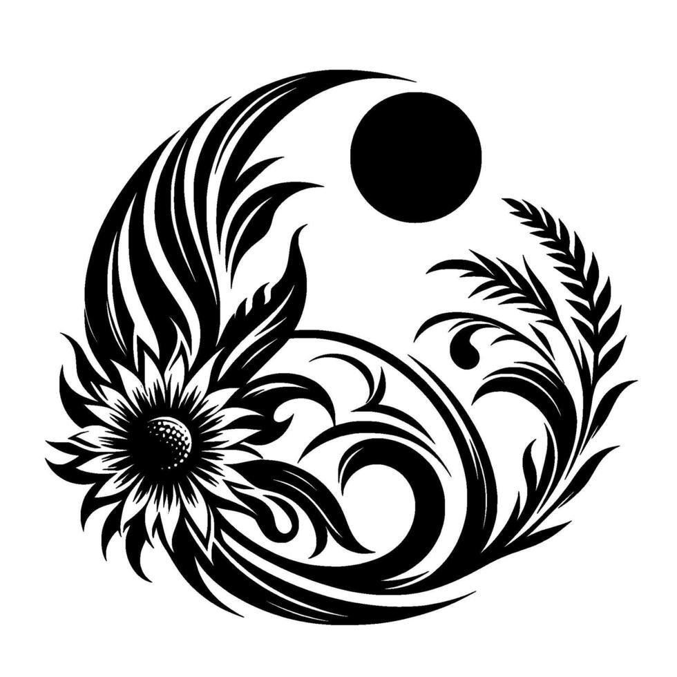 A stylized yinyang symbol integrating a sunflower, botanical elements, and a black circle against a stark white background, creating a balanced, elegant design. vector