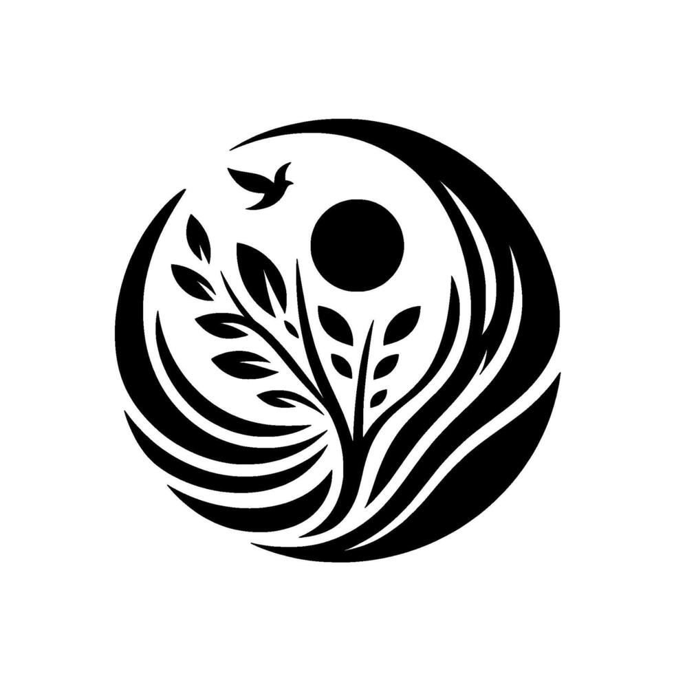 A circular minimalist emblem showcasing a tree sprouting with leaves, a sun, and a bird in flight, crafted in stark black and white, symbolizing growth and nature. vector